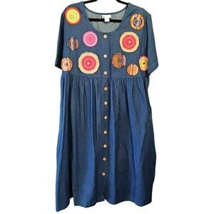 Go Softly Patio Dress Embroidered Lightweight Blue Denim Short Sleeve Size Large